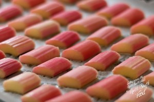 Slices of Yorkshire forced rhubarb, poached in homemade elderflower cordial