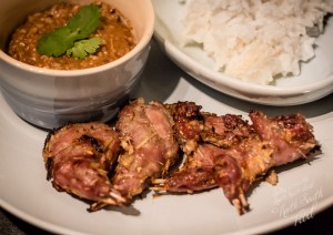 Wild squirrel satay, with dipping sauce and plain rice