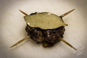 Confit pheasant patty with bay leaf